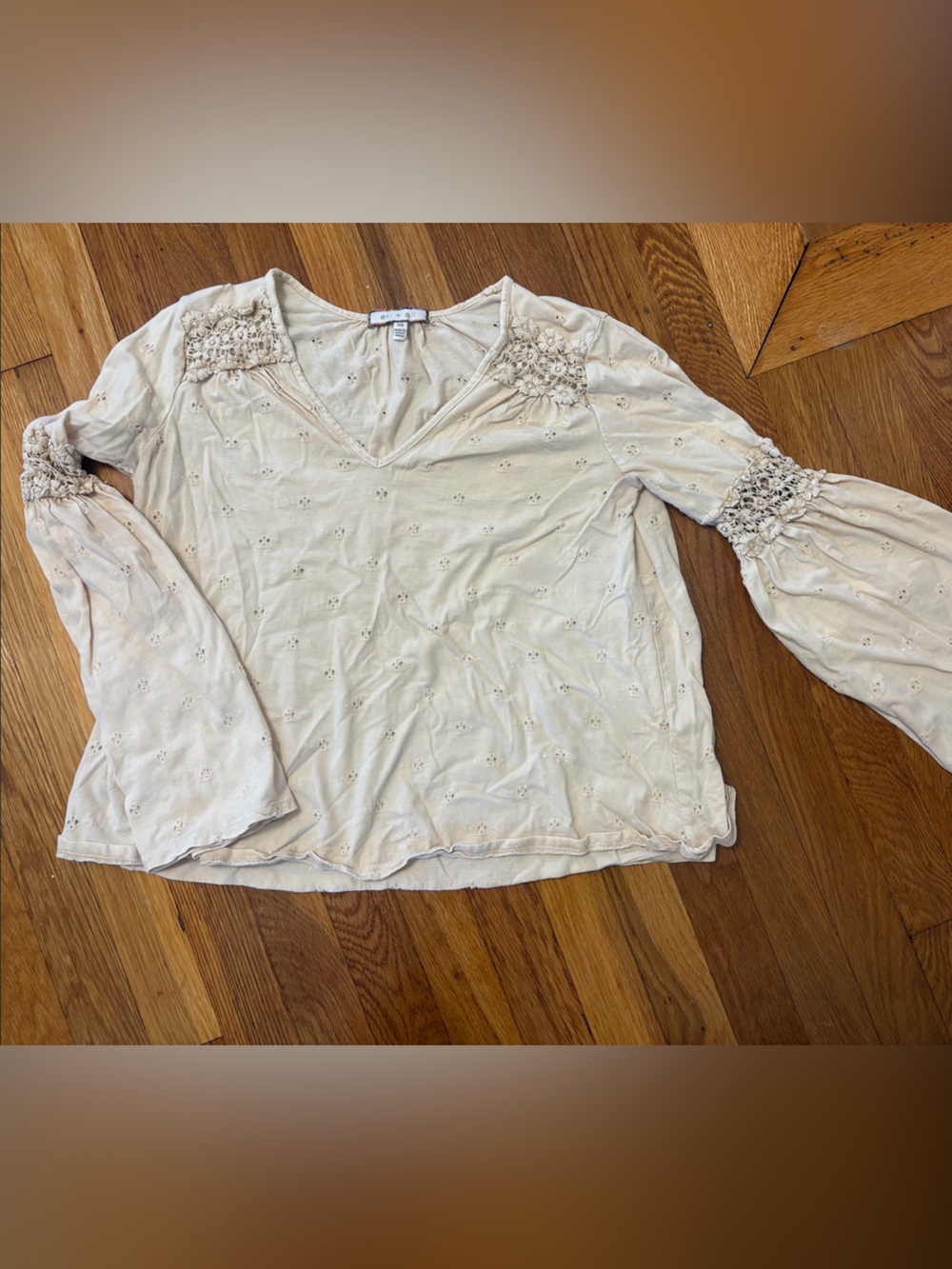 Eri + Ali beige Eyelet V-Neck Tunic with Crochet Yoke